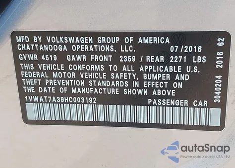 2017 Volkswagen Passat 1.8T S from USA, damaged, VIN 1VWAT7A39HC003192